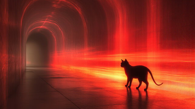 silhouette of cat stands in glowing red tunnel, evoking sense of mystery and intrigue. scene is reminiscent of Schr&Atilde;&para;dinger cat, blending science and art in surreal environment