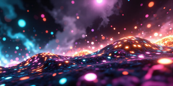 AI-Generated Art Universe - A surreal landscape where glowing, pixel-like particles constantly reshape into abstract digital artforms. The vibrant colors