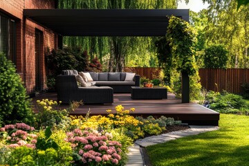 Obraz premium A serene morning in a lavish garden with teak decking and a black pergola