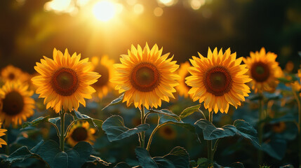 Obraz premium field of sunflowers basking in warm spring sunlight, creating vibrant and cheerful scene. golden petals and lush green leaves are illuminated by sun rays