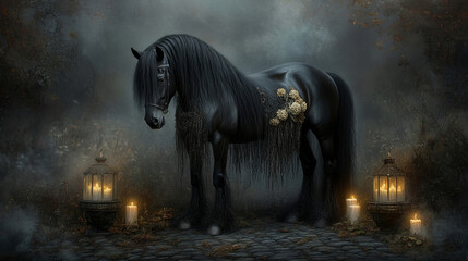 Elegant Black Horse in a Gothic Enchanted Forest with Candlelit Lanterns – Dark Fantasy Aesthetic