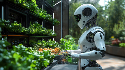 futuristic robotic chef is preparing gourmet meal in modern kitchen surrounded by fresh greenery, showcasing advanced technology and culinary innovation