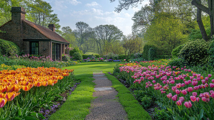 garden filled with variety of colorful tulips and lush greenery surrounds quaint brick house, creating serene and picturesque landscape. vibrant flowers line stone path leading through garden