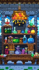 Fantasy alchemist workshop with potions pixel art background. 8-bit game assets