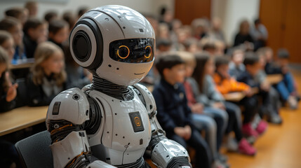 humanoid robot acts as teacher in classroom filled with attentive students