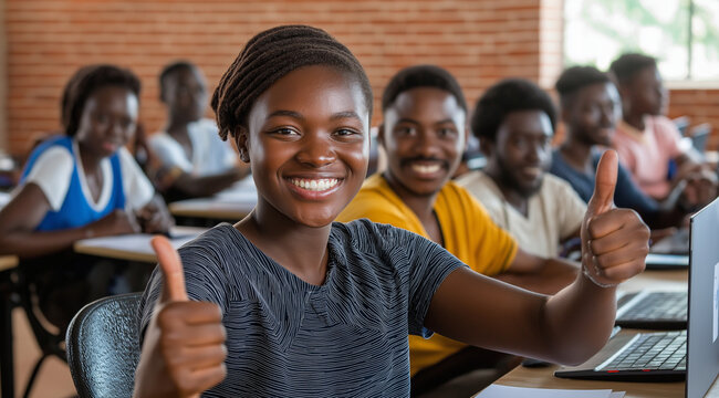 A photo of an African woman smiling and giving the thumbs up in front of her class, with other students sitting behind her during their college course
