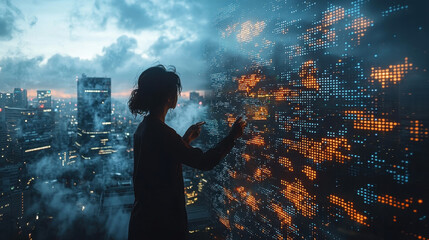 person interacts with digital world map on futuristic screen, overlooking cityscape. scene is set during twilight, with city lights glowing and clouds in sky, creating high tech atmosphere