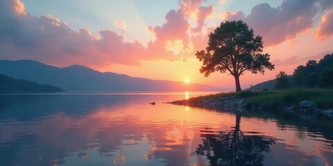 Obraz premium Serene Sunset Landscape Solitary Tree Silhouetted Against a Vibrant Sky Reflected in Calm Waters