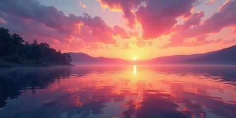 Fototapeta premium Serene Sunset over Still Waters Reflecting Vibrant Hues of Pink and Orange Sky
