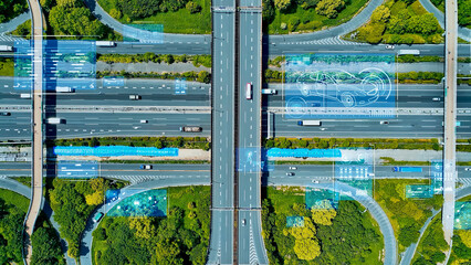 traffic, road, highway, automobile, aerial view, junction, ITS, MaaS, technology, system, future, bird eye view, drone, high-angle, outlook, panorama, interchange, true bird eye view, logistics, techn