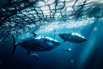 Fototapeta premium Underwater view of a fishing net filled with glistening tuna in deep blue water