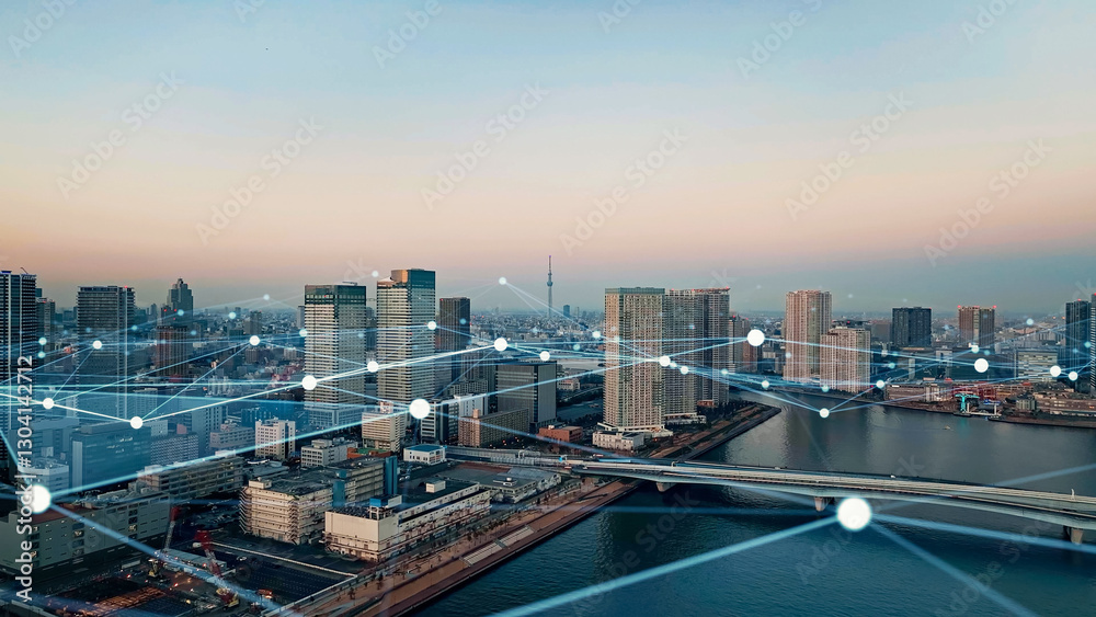 Fototapete 都市、通信、都会、街、ネットワーク、スマートシティ、IoT、DX、回線、ドローン、展望、パノラマ、コピースペース、繋がる、電波、LPWA、広域、公共、行政、自治体、LGWAN、インターネット、オンライン、ウェブ、Internet of Things、クラウド、空撮、俯瞰、ハイアングル、地平線、社会、現代、建設、建築、ビル、ビル群、ビジネス、テクノロジー、テック、技術、未来、夜明け、夕焼け、東京、日