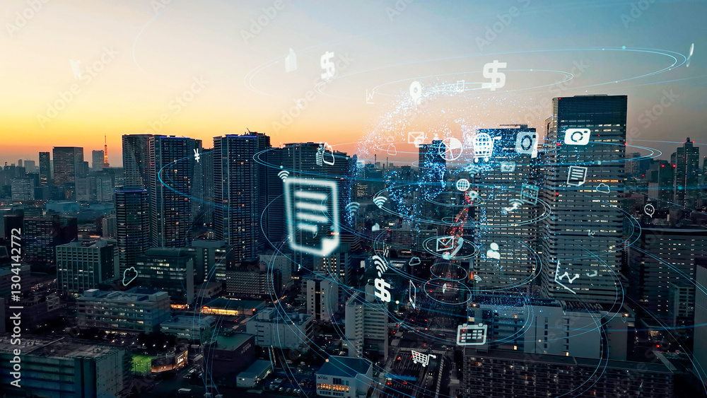 Leinwandbilder ネットワーク、都市、テクノロジー、都会、スマートシティ、夜景、IoT、SNS、アプリ、グローバル、回線、電波、サイバー、技術、テック、建設、通信、未来、ハイテク、空撮、俯瞰、ドローン、ハイアングル、展望、パノラマ、ビル群、社会、現代、建築、ビル、高層ビル、摩天楼、不動産、日本、東京、都心、イノベーション、AI、人工知能、クラウド、データ、アイコン、SaaS、システム、交通、行政、暮らし、ワイヤレス