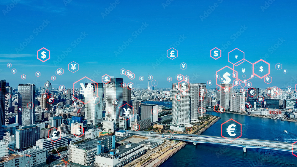 Poster 市場、空撮、データ、金融、経済、マネー、フィンテック、投資、資産運用、社会、マーケット、FX、為替、外貨、外為、ドル、ユーロ、円高、円安、未来、夜景、夜明け、展望、俯瞰、ドローン、ハイアングル、パノラマ、地平線、風景、情報、通信、オンライン、インターネット、電子マネー、仮想通貨、暗号通貨、技術、テック、テクノロジー、行政、お金、税金、コスト、ローン、財務、資金、ビジネス、経営、取引、cg