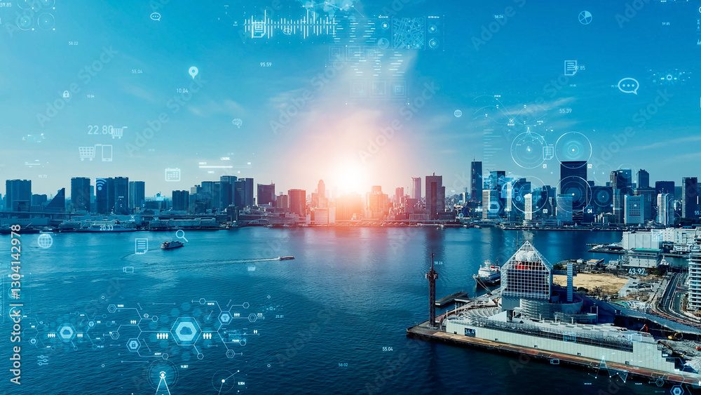 Poster 都市、空撮、風景、テクノロジー、設計、建設、データ、経済、金融、グラフ、DX、GUI、ICT、マーケティング、マーケット、市場、ネットワーク、未来、ビル群、画面、バーチャル、VR、分析、フィンテック、不動産、マンション、ビル、都会、社会、現代、建築、高層ビル、摩天楼、日本、東京、都心、俯瞰、ドローン、ハイアングル、展望、パノラマ、地平線、景色、景観、青空、スピード、予測、観測、計測、デザイン