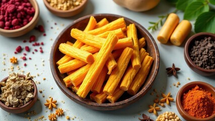 Aromatic Spiced Sticks Arranged with Assorted Seasonings and Spices in Small Bowls