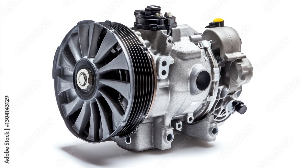 Poster close-up view of a modern automotive air conditioning compressor isolated on white background.