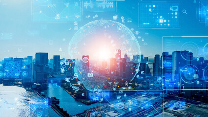 city, technology, global, network, aerial view, data, earth, dx, digital transformation, ICT,...