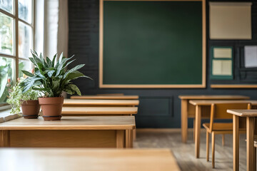 Bright classroom with green chalkboard, wooden desks, and potted plant