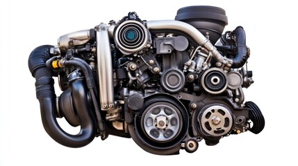 Fototapeta premium Close-up view of a powerful, complex internal combustion engine isolated on white.