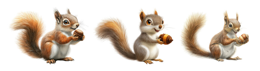 Three cute cartoon squirrels holding acorns, showcasing playful expressions and fluffy tails.