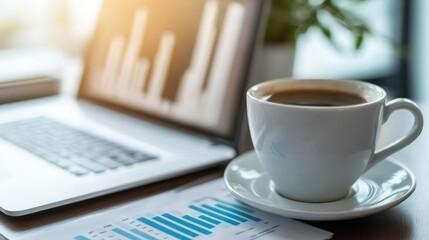 Coffee cup on desk with laptop displaying financial charts.
