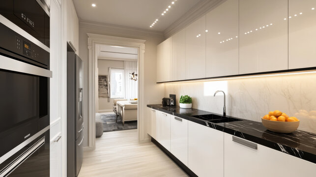 Elegant and refined black and white kitchen with modern appliances, featuring sleek cabinetry, marble countertops, and bright atmosphere. Perfect for culinary enthusiasts