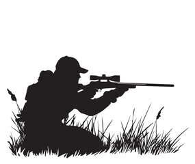 Hunter Silhouette Kneeling with Rifle – Vector Illustration