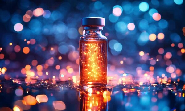 Glowing bottle with magical liquid and sparkling bokeh effect, evoking mystery and alchemy.