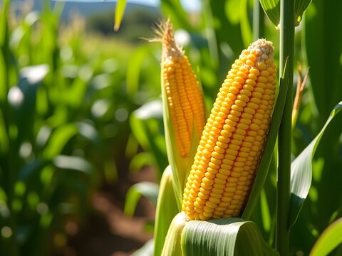 "Close-Up of Ear of Corn on Plant with Partially Peeled Husk in Cornfield: Agricultural Crop in Growing Environment"