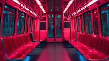 Fototapeta premium Empty subway car illuminated with vibrant pink neon lights
