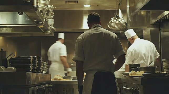 Chefs working diligently in a bustling restaurant kitchen preparing meals