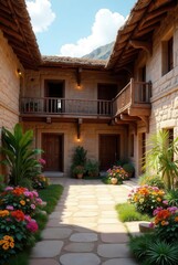 Fototapeta premium Serene Courtyard with Stonework and Blooming Flowers, a Peaceful Oasis of Tranquility
