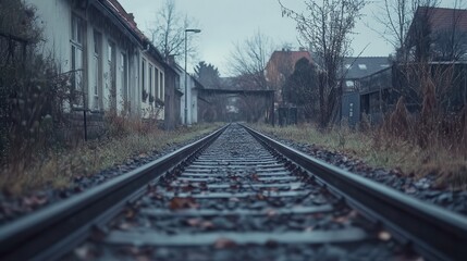 Fototapeta premium Foggy Railway Tracks Surrounded by Overgrown Vegetation and Buildings