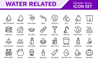 Water Related Icon Set. A refreshing collection of icons showcasing water conservation, aquatic life, and hydration, perfect for water awareness and sustainability.