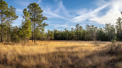 Obraz premium Tranquil Forest Panorama Under Clear Blue Sky and Golden Meadow