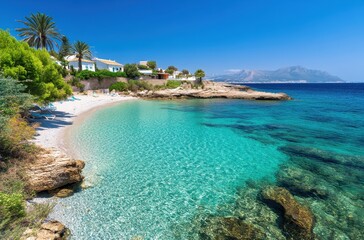 Fototapeta premium Tranquil Tropical Beach Scene with Crystal Clear Water, Lush Greenery, and Serene Rocky Shoreline Under a Bright Sunny Sky