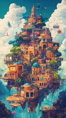 Obraz premium A beautiful vibrant fantasy floating city amidst the puffy clouds
