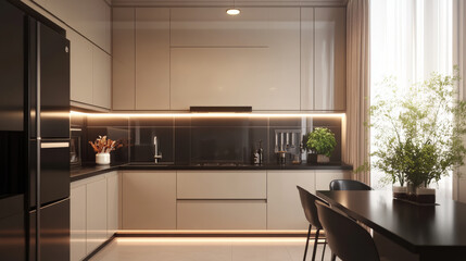 Modern kitchen design featuring gray cabinets, sleek appliances, and stylish decor. warm lighting enhances contemporary atmosphere, creating welcoming space for cooking and dining