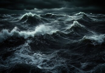 Naklejka premium Turbulent Ocean Waves Under Dark Stormy Clouds Capturing Nature's Energy and Power in a Chaotic Seascape at Dusk