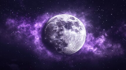 Obraz premium Moon Surrounded by Purple Nebula in Starry Night Sky Captivating Cosmic Beauty and Mystical Ambiance