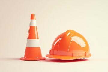 Orange Hard Hat and Traffic Cone on Beige Background