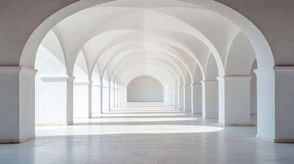White architectural corridor featuring repeating arches and columns in bright sunlight