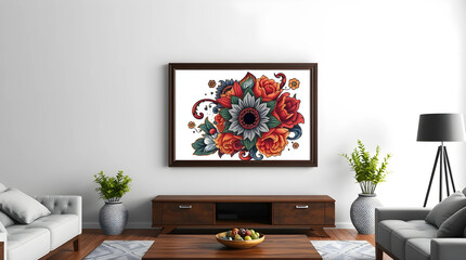 mock up framed traditional tattoo art print in a living room setting., ornamentally detailed design in a retro style. The background is white