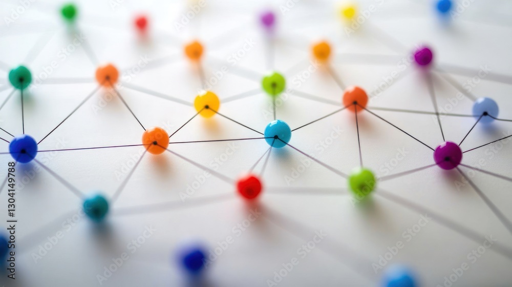 Poster Colorful pins connected by thin strings forming a network.