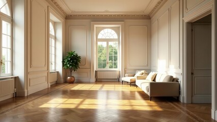 Obraz premium Sunlit Elegance A Spacious Room with Hardwood Floors, Classic Paneling, and a Serene Atmosphere