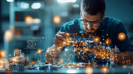 Innovative technology development modern workshop digital crafting indoor workspace close-up perspective engineering and creativity fusion