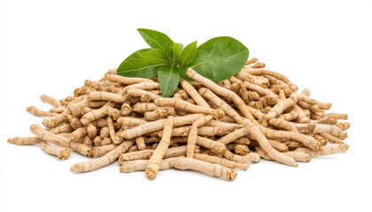 A pile of dried ashwagandha roots and green leaves on a white background, with no shadows. The root is thin, long, curved at the end, oval in shape,