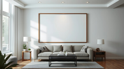 mockup frame in a living room interior, geometric logo design, strong hard light, cinematic style, clean lines, balance, symmetry, harsh shadows