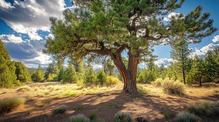 Obraz premium Dynamic view of tall fir trees with green and beautiful leaves
